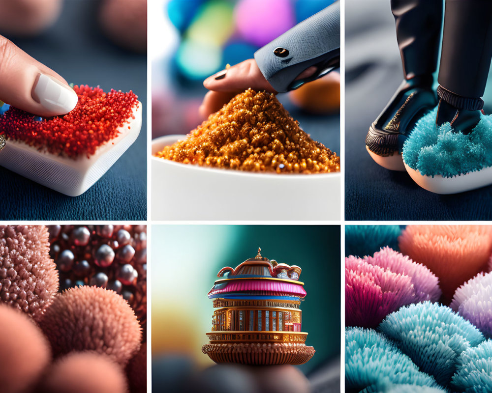 Six close-up textured object images: beads, brush, bristles, spikey balls, carousel,