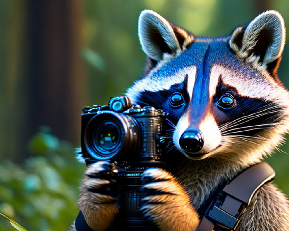 Raccoon with Camera in Sunlit Forest