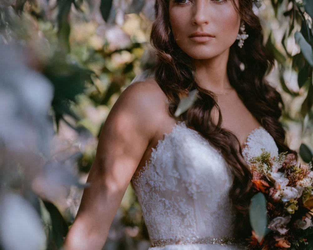 Bridal gown woman with bouquet in nature setting