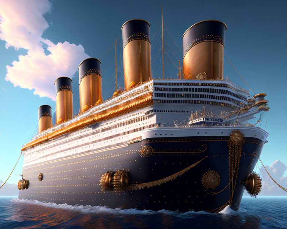 Majestic Ocean Liner with Smokestacks and Blue Hull