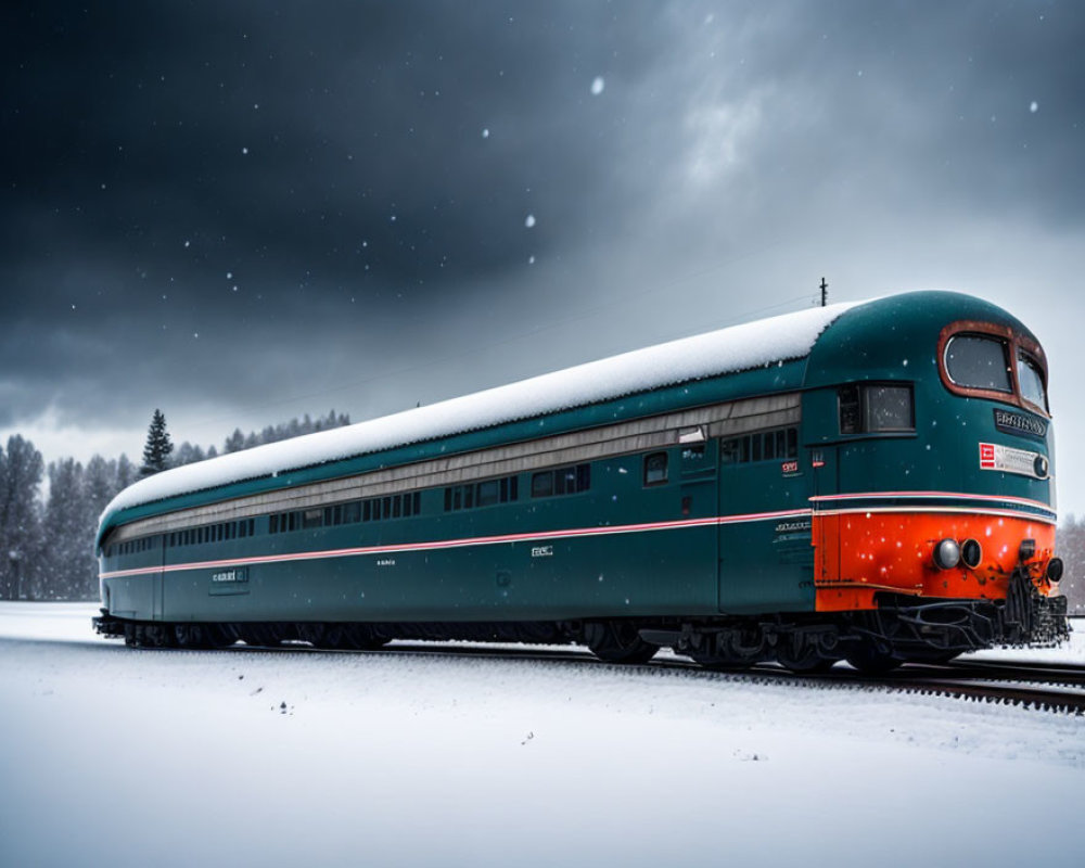 Vintage teal livery train on snow-covered tracks in wintry landscape