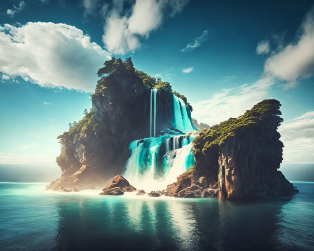 Lush Island with Waterfall, Blue Sea, and Cloudy Sky
