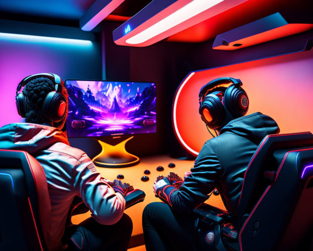 Two individuals gaming with headphones in vibrant LED-lit room
