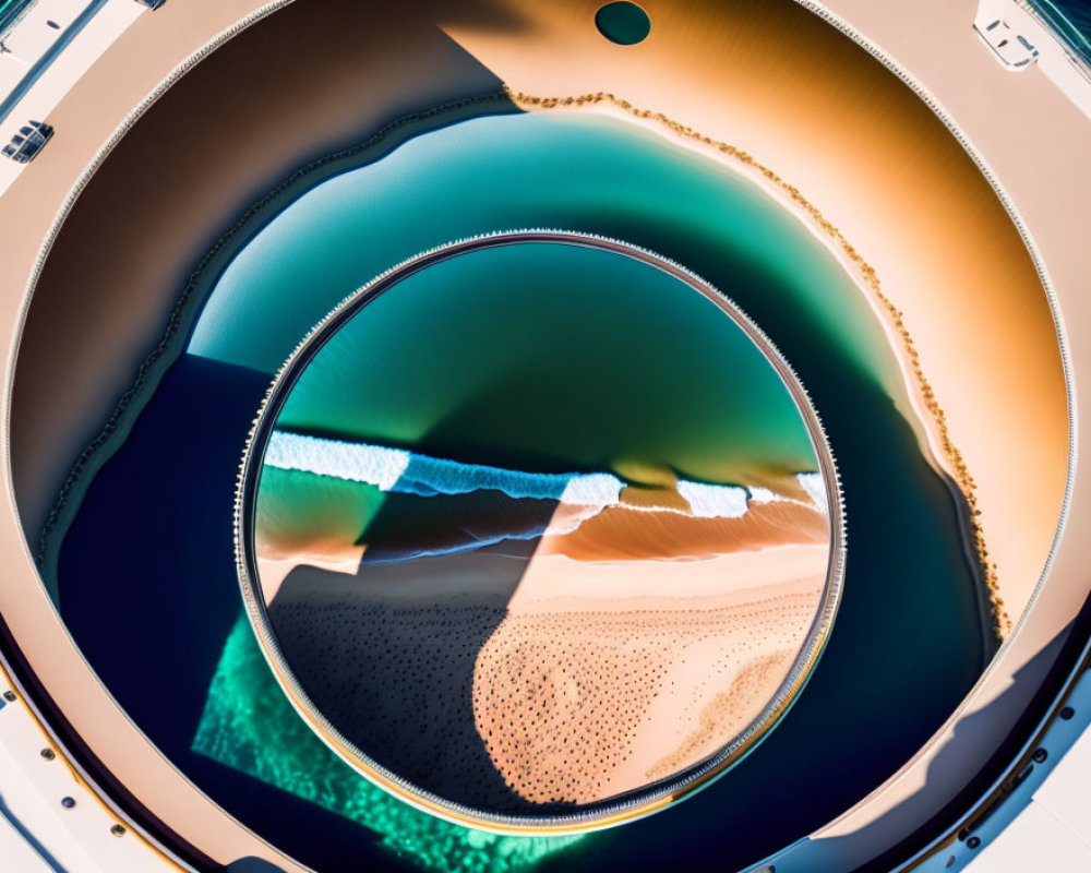 Circular window frames surreal desert-ocean view
