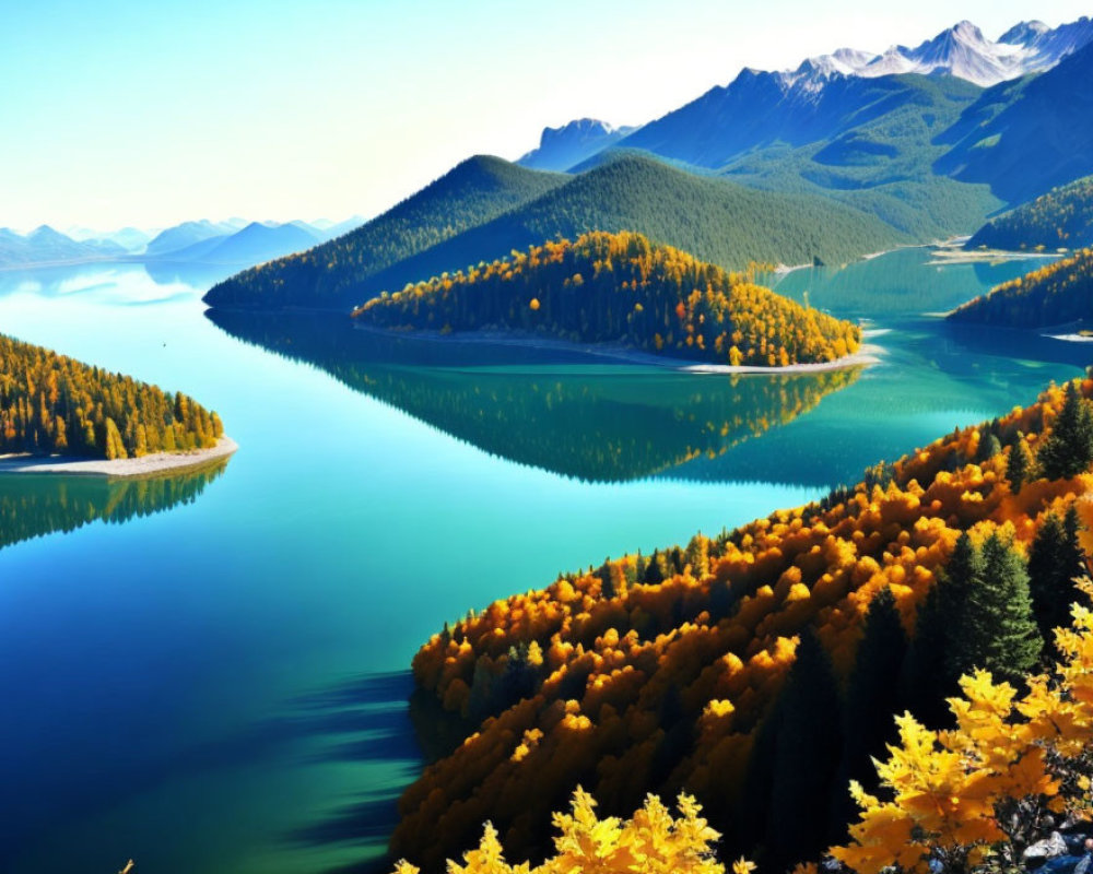 Tranquil lake with autumn foliage, mountains, and blue sky