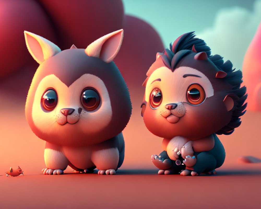 Stylized cartoon animals with expressive eyes on pink and orange backdrop