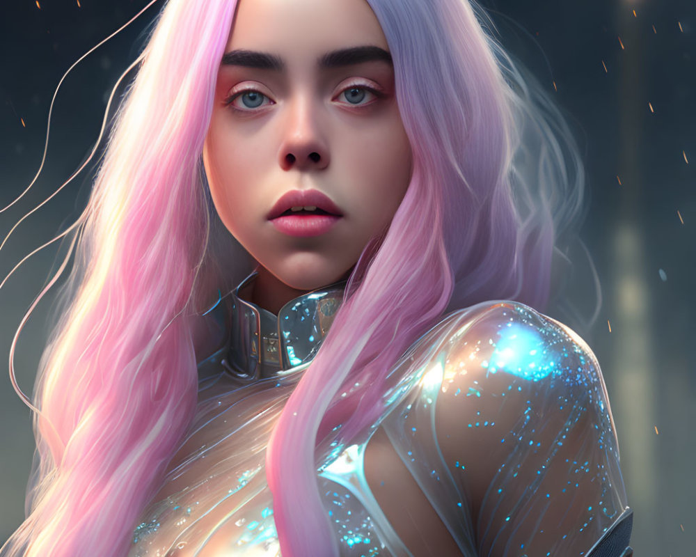 Futuristic character with pinkish-white hair and glowing outfit