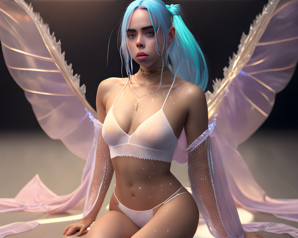 Digital Artwork: Female Figure with Blue Hair and Translucent Wings in White Lingerie in Dim