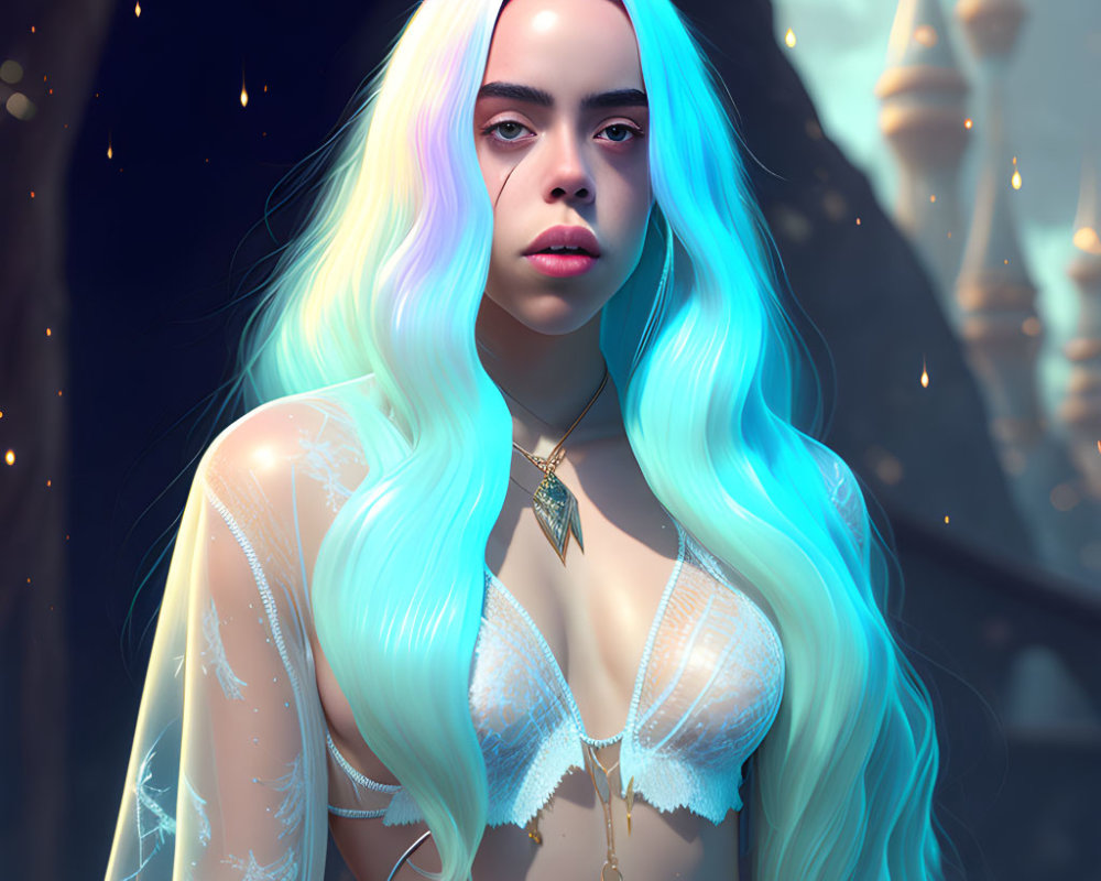 Digital Artwork: Woman with Multicolored Hair in Mystical Forest