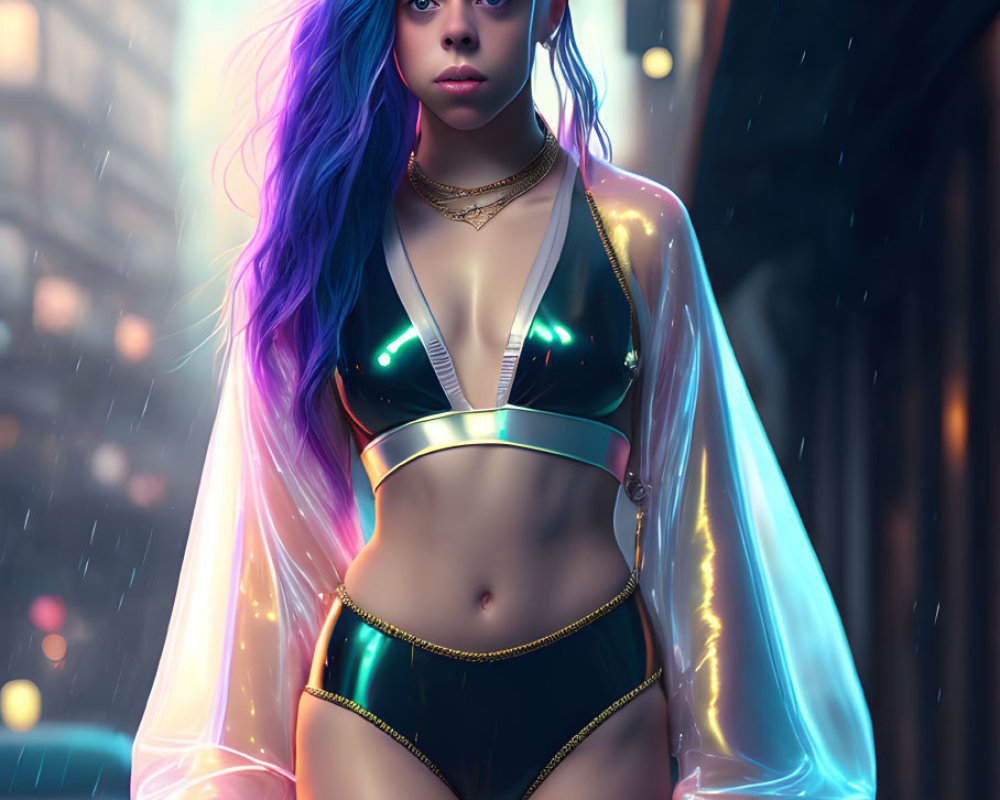 Woman with Blue and Purple Hair in Holographic Jacket on Rainy Street