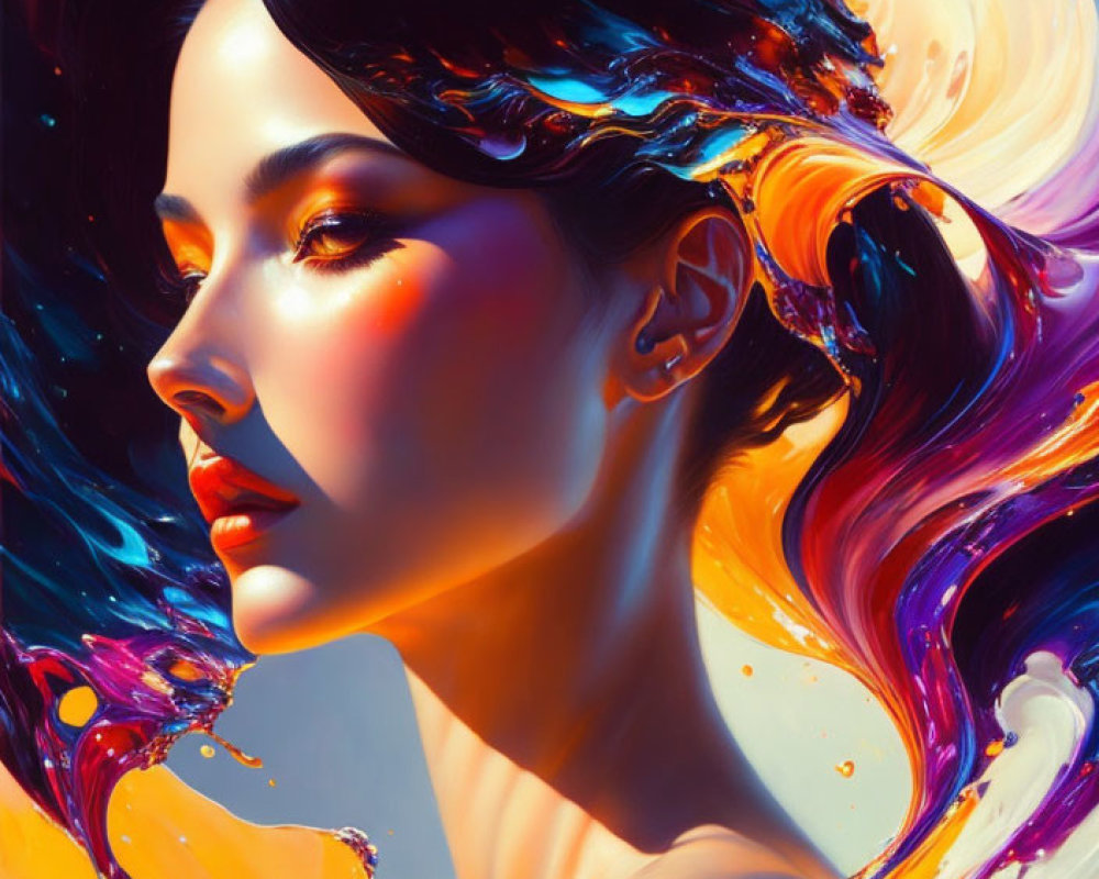 Colorful Liquid Swirls Merge in Woman's Digital Portrait