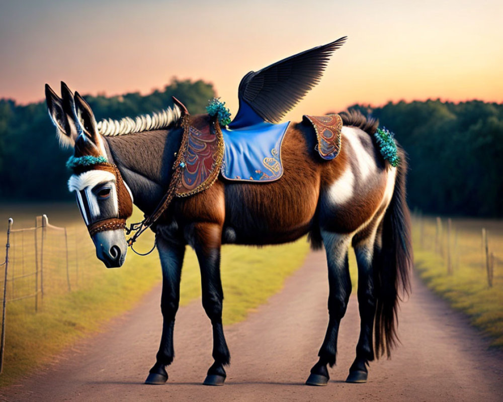 Donkey with Bird Wings on Rural Path at Sunset
