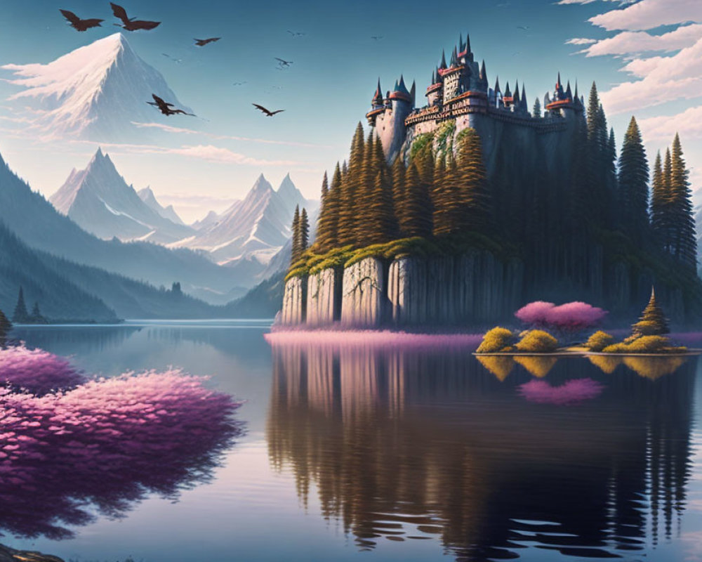 Castle on Cliff Overlooking Lake with Pink Foliage