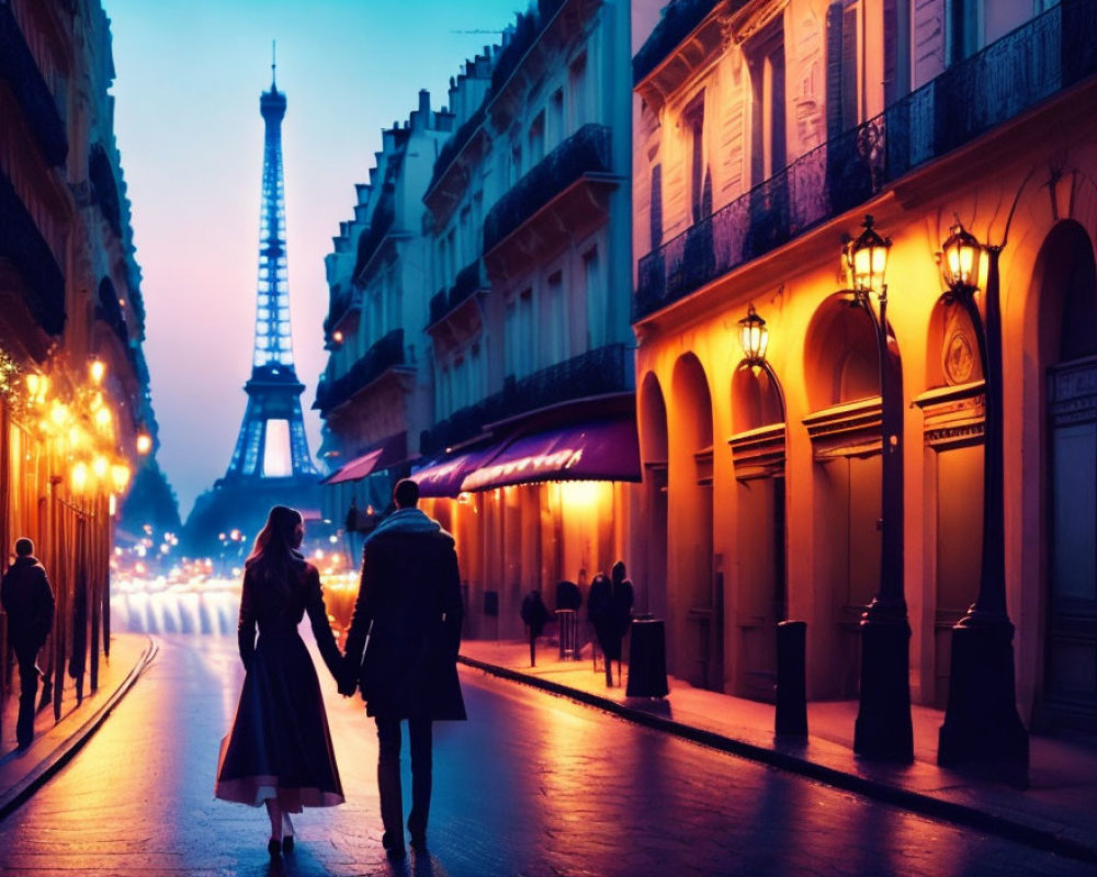 Romantic couple walking in Paris with Eiffel Tower view at twilight