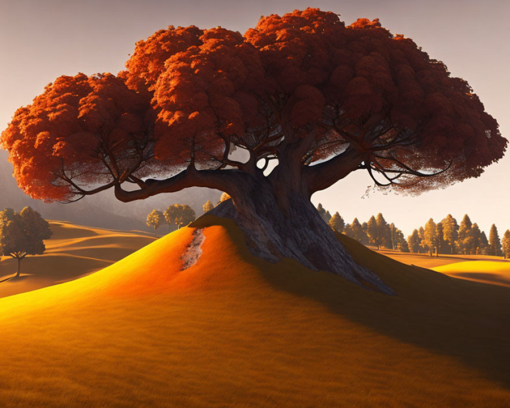 Digital artwork featuring oversized fiery red tree on sunlit hill