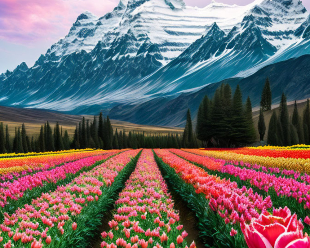 Colorful Tulip Fields Leading to Snowy Mountain Peaks under Pink Sky