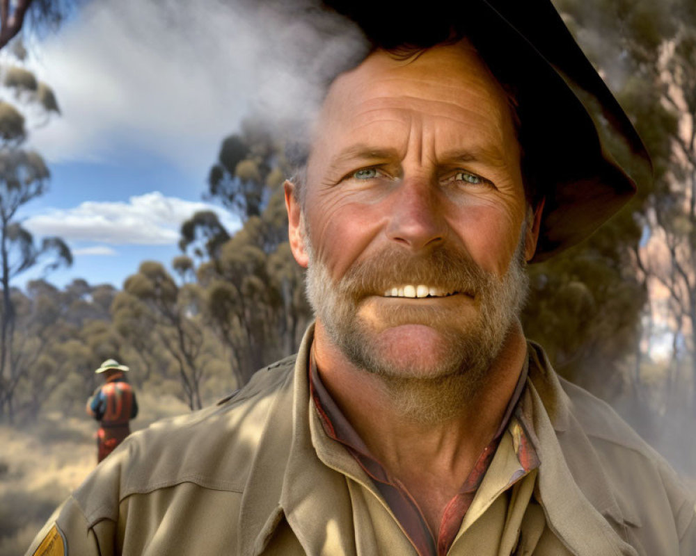 Smiling man in hat with natural backdrop and distant person