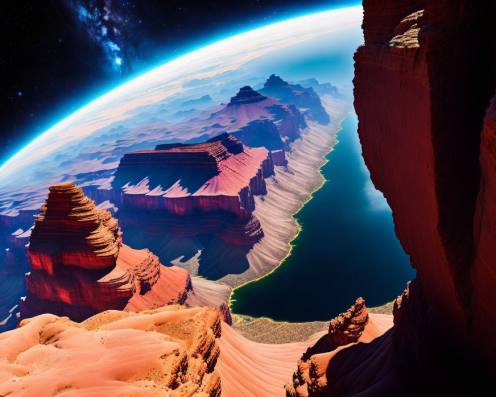 Surreal landscape with layered rock formations, glowing green river, starry sky, Earth's curvature