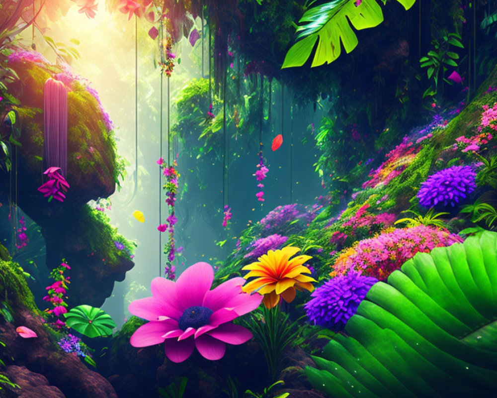 Enchanting forest digital artwork with lush foliage and colorful flowers