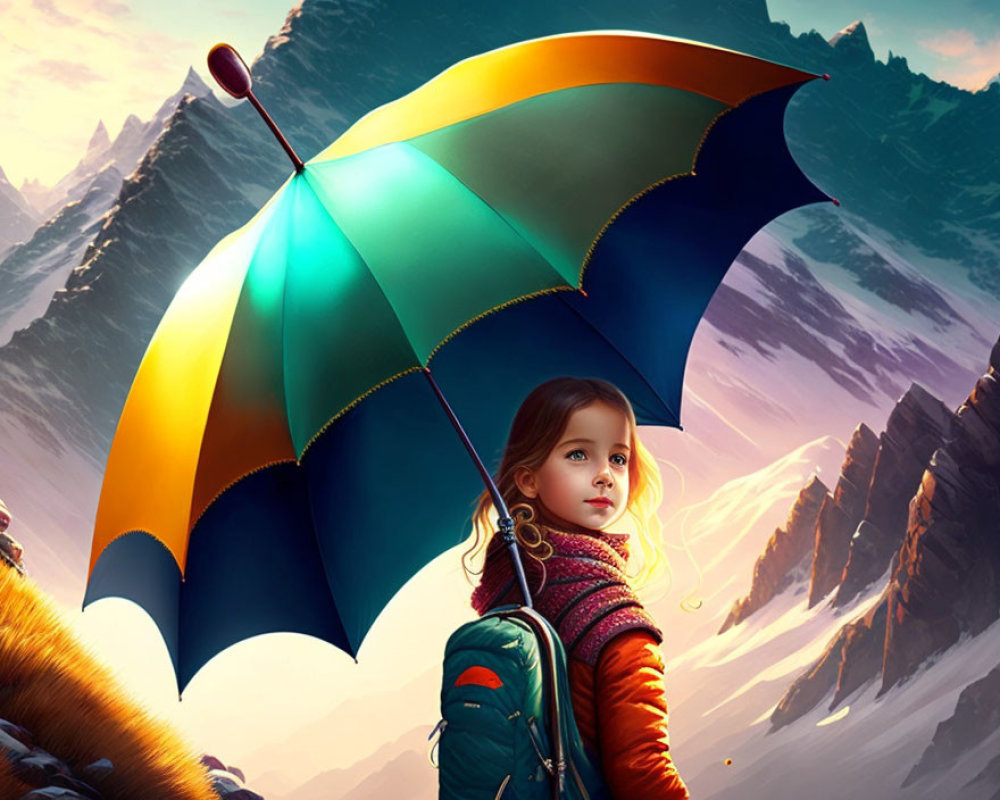 Young girl with colorful umbrella gazes at mountains