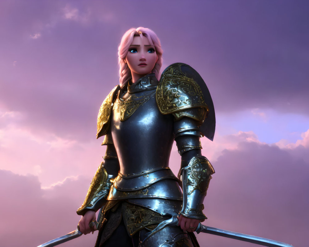 Female warrior in ornate armor with sword under purple sky