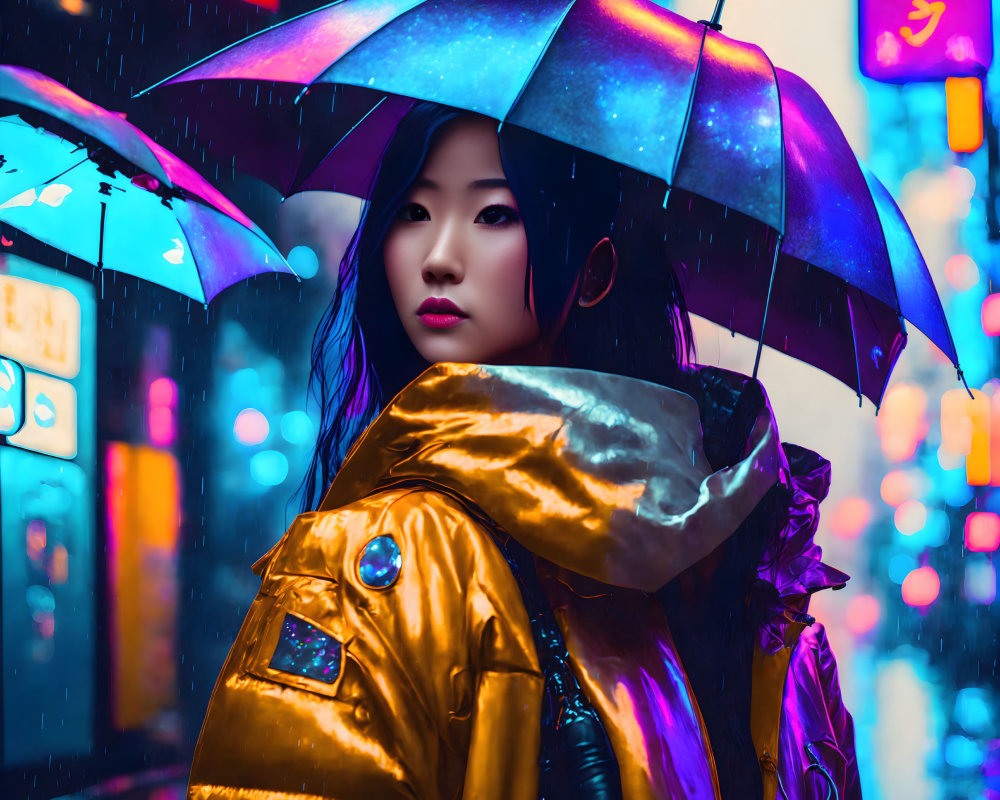 Woman in Metallic Gold Jacket with Multicolored Umbrella in Neon-lit Rain