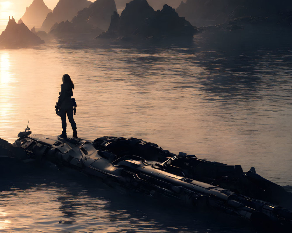 Silhouetted figure on rocky outcrop by the sea at sunset