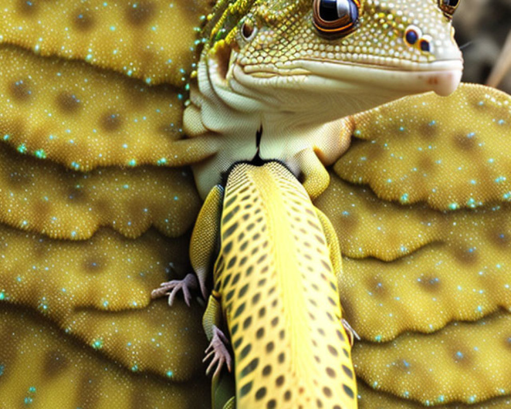 Colorful Spotted Gecko 3D Illustration on Textured Surface with Leaves