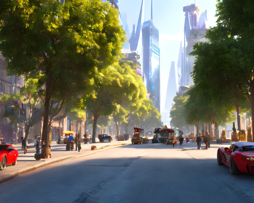 City street scene with modern cars, pedestrians, and skyscrapers in sunlight