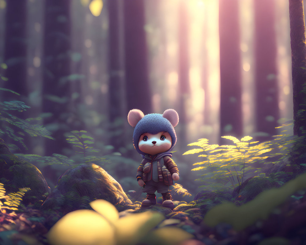 Stylized character in mouse hat in sunlit forest scenery