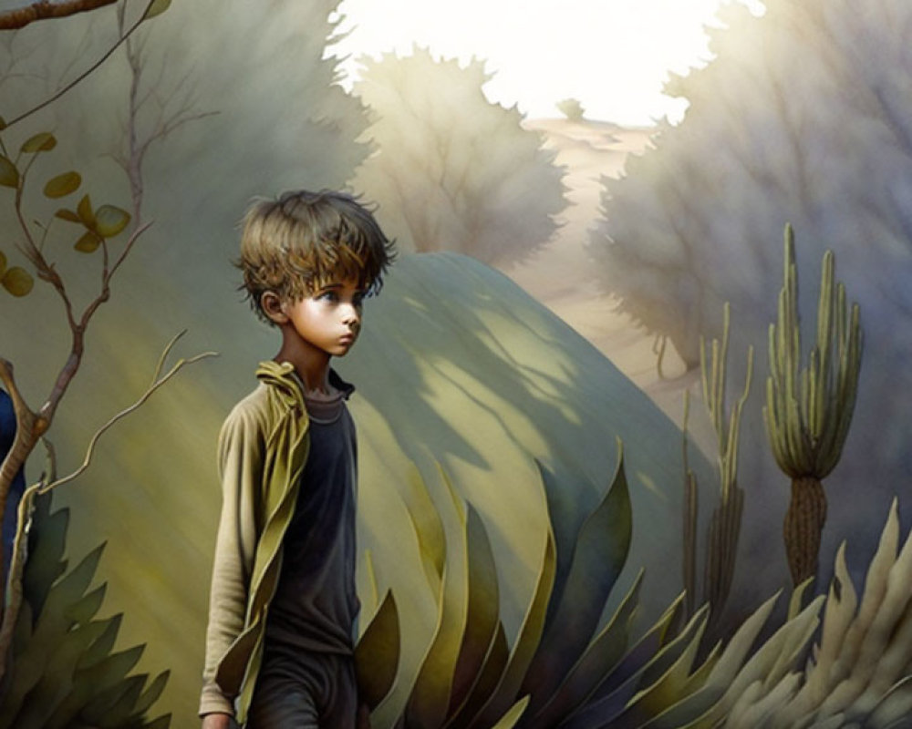 Young boy in sunlit forest clearing with exotic plants.