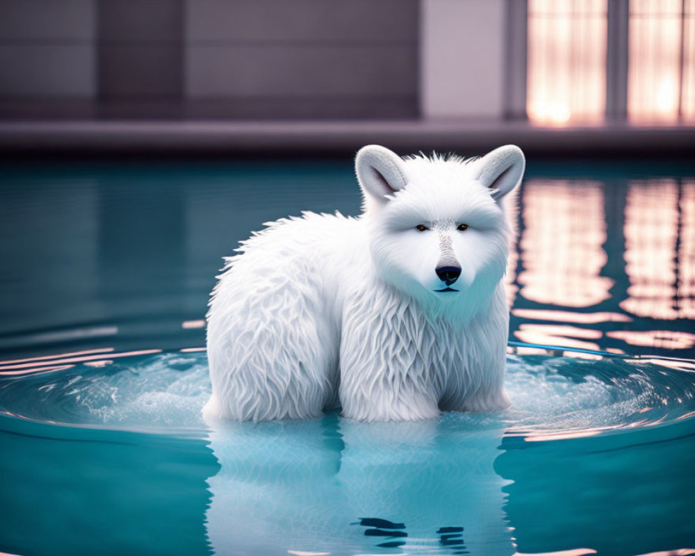 White Samoyed Dog Sitting in Tranquil Pool Indoors