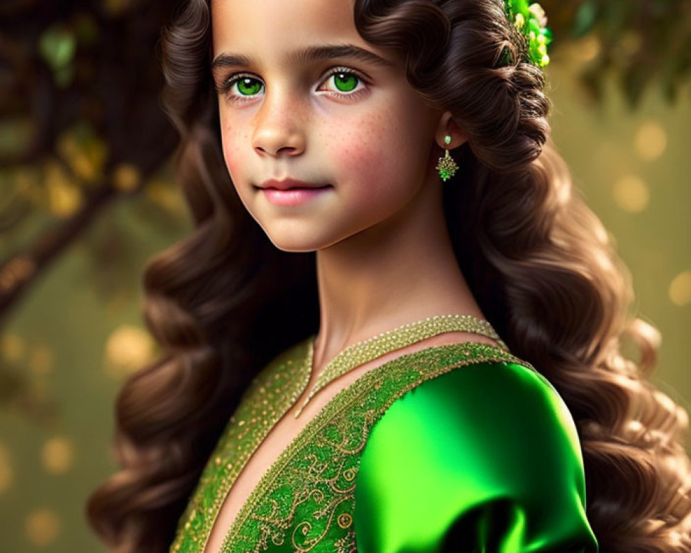 Young girl with curly brunette hair, green eyes, freckles, in green dress with gold embroidery