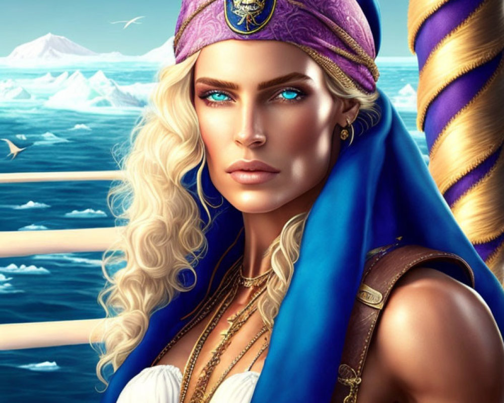Digital illustration of woman with blonde hair, blue eyes, purple bandana, gold earrings, blue cloak