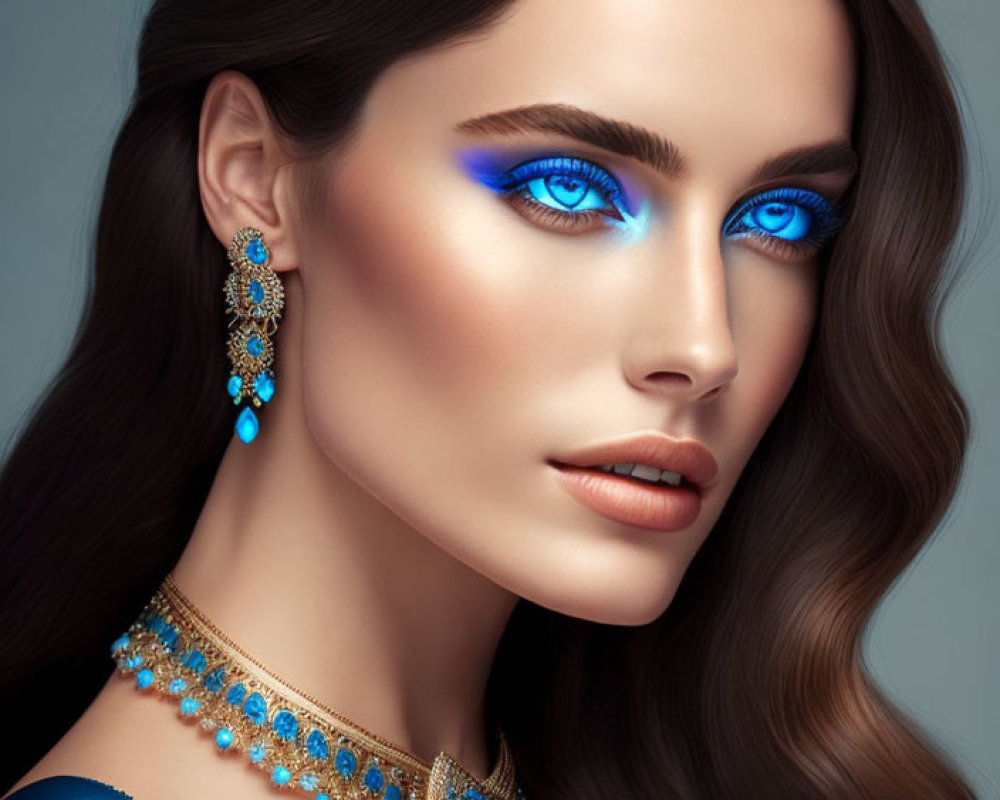 Woman with Deep Blue Eyes Wearing Turquoise Jewelry and Blue Eyeshadow
