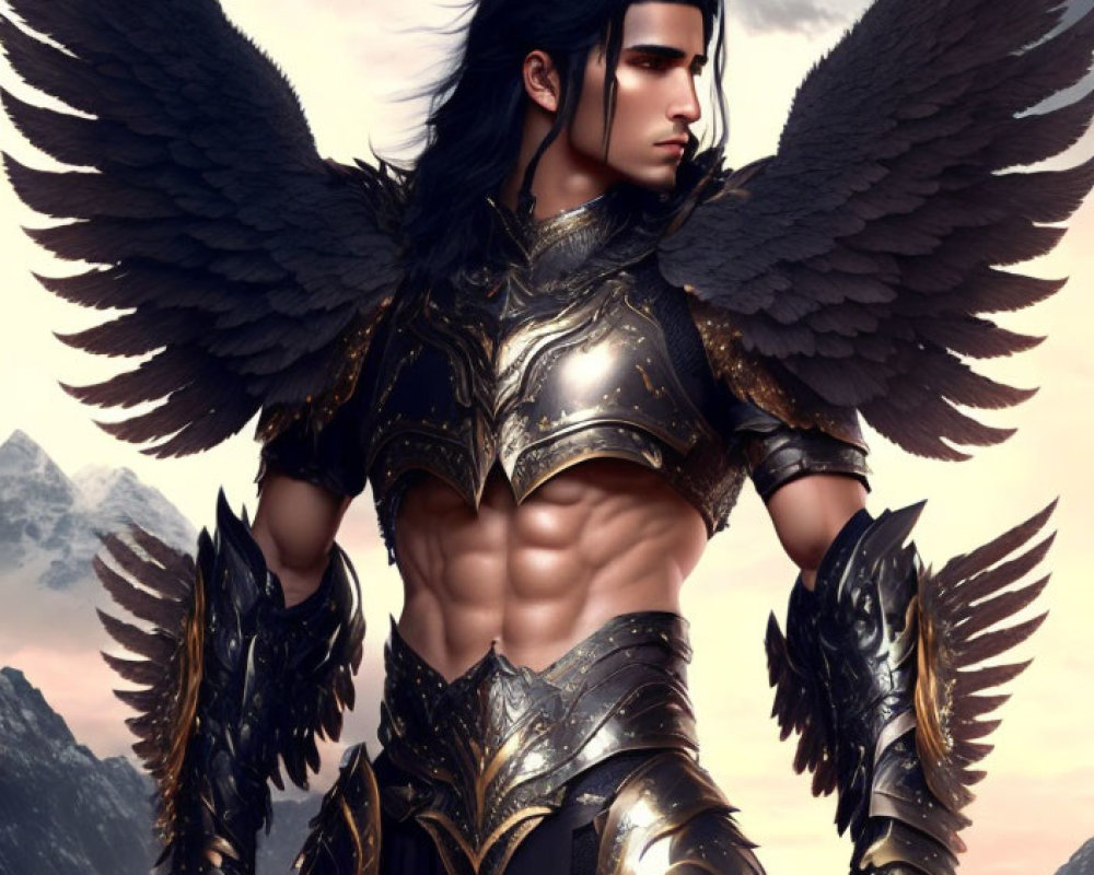 Male Figure with Dark Wings in Ornate Armor Against Cloudy Sky and Mountains