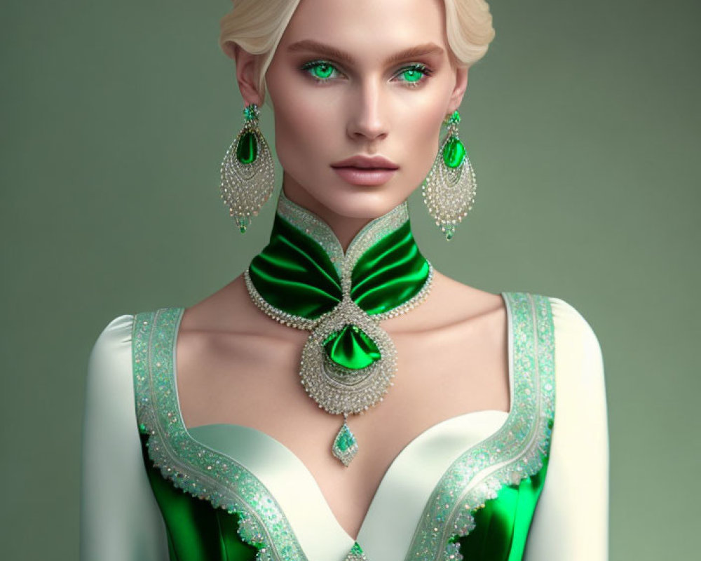 Blond Woman in Green and White Dress with Choker and Earrings