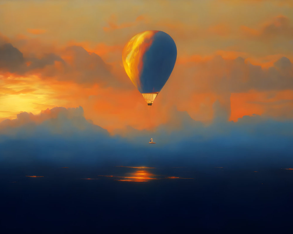 Sunset hot air balloon floating over calm sea with cloud reflections