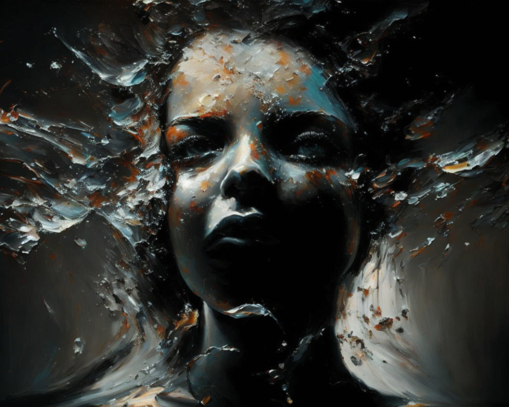 Abstract painting: Woman's face dissolving into dark brushstrokes