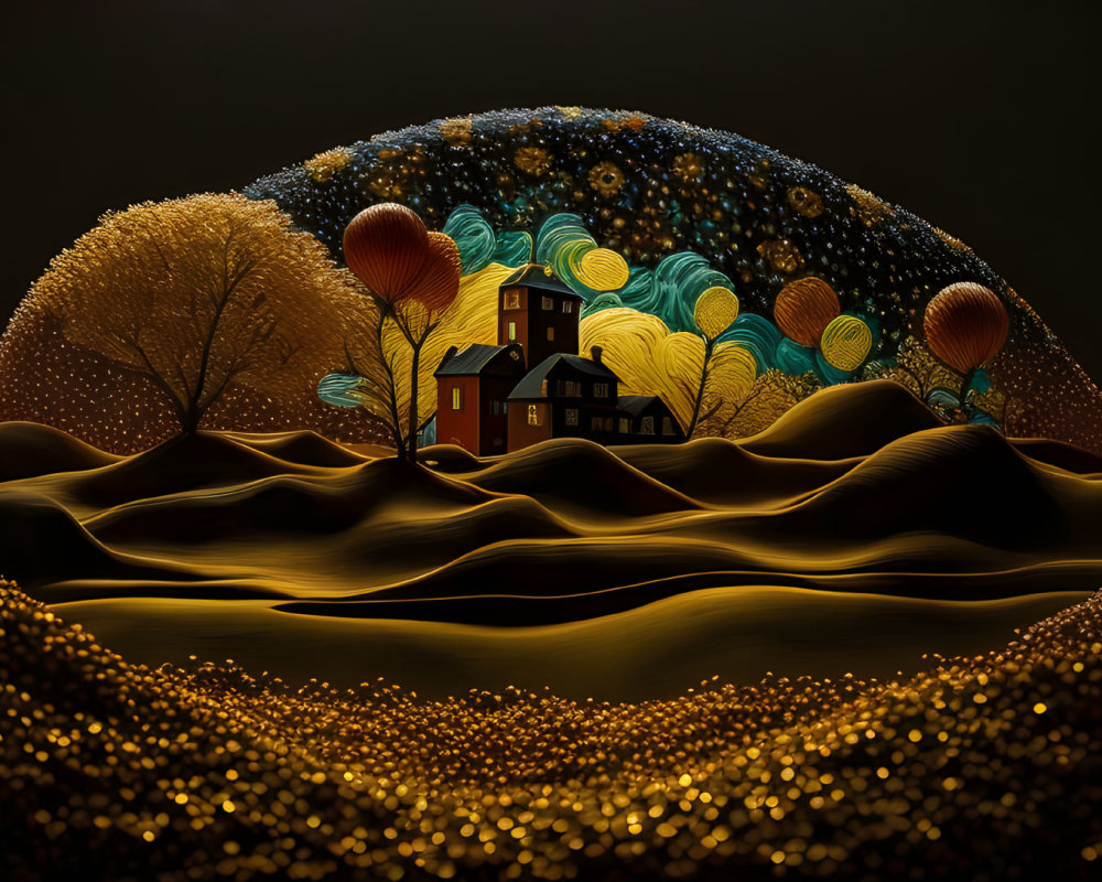 Nighttime landscape with hills, house, trees, hot air balloons under starry sky