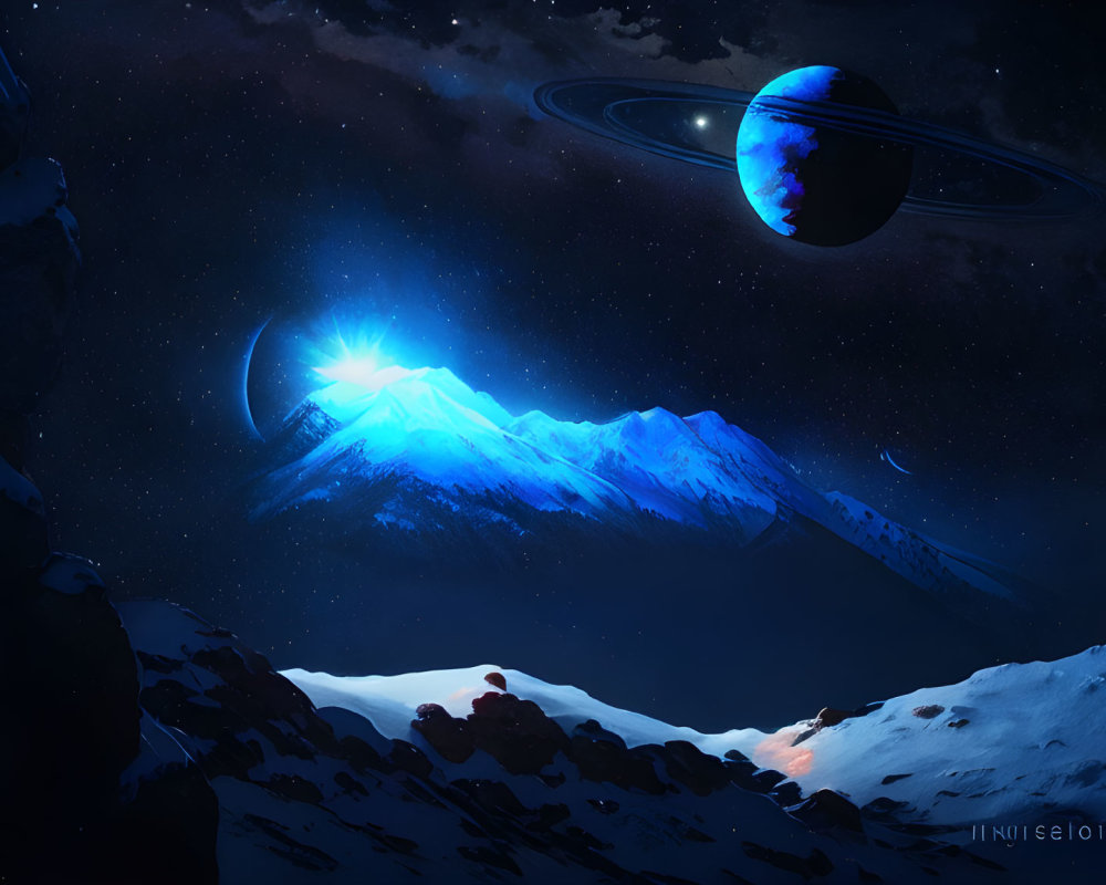Snow-covered mountain peak under starry night sky with ringed planet.