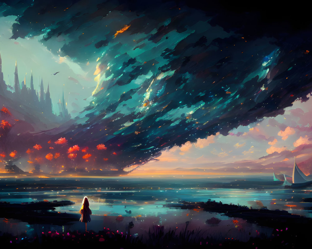 Tranquil lake scene with vibrant skies and sailboats
