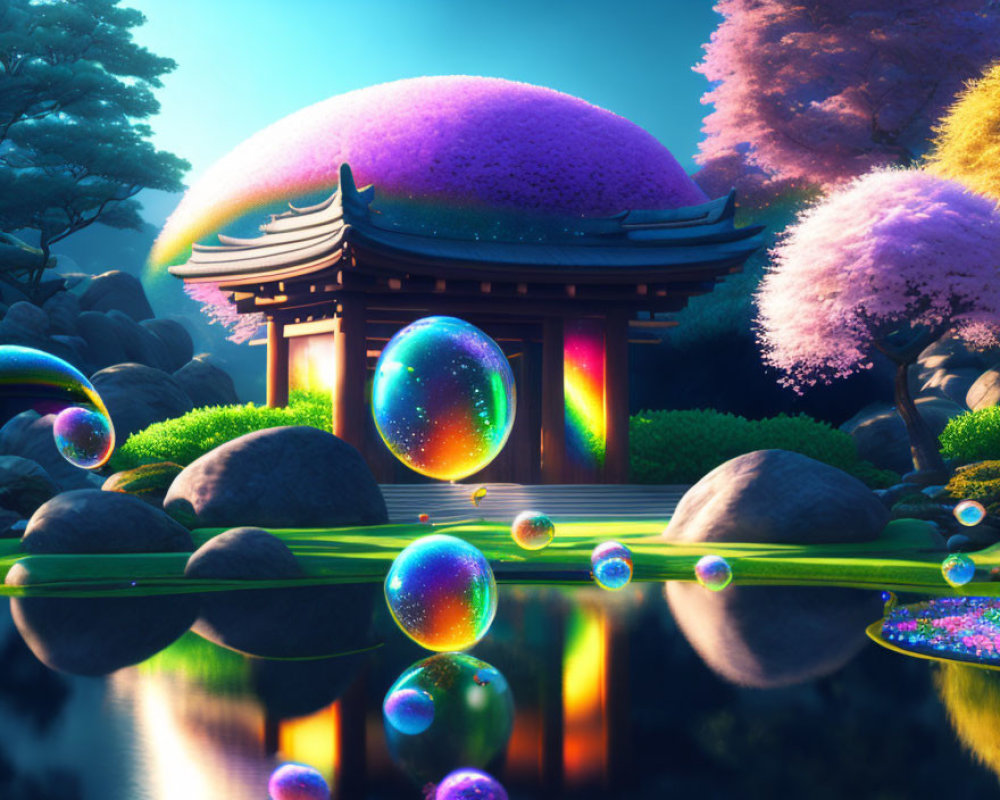 Fantasy landscape with traditional pavilion, luminous bubbles, colorful trees at twilight