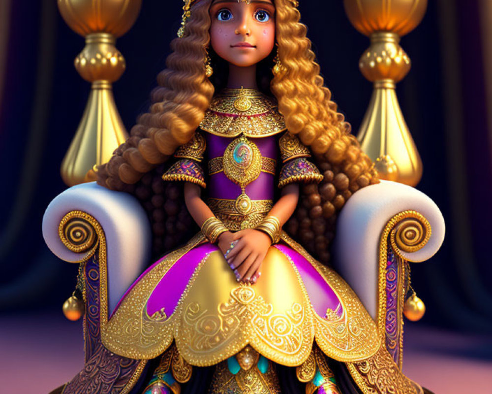 Young queen in regal attire on gold throne with expressive eyes