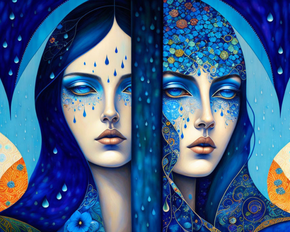 Colorful digital artwork of woman's face with intricate blue patterns