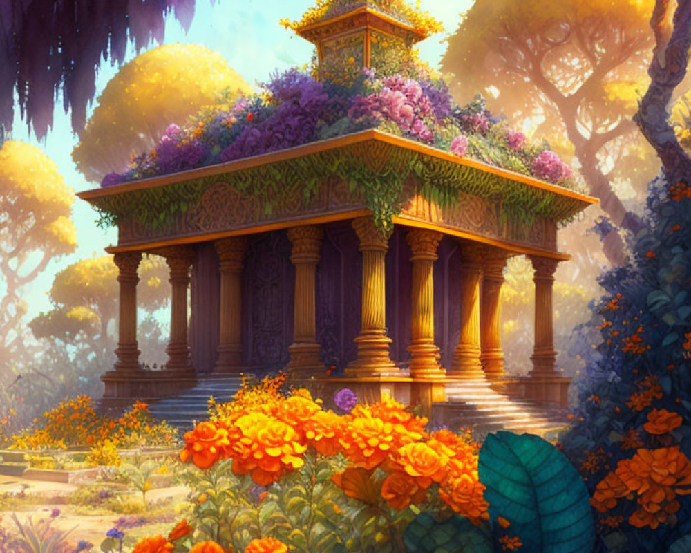 Idyllic temple in lush, colorful flora under warm, mystical light