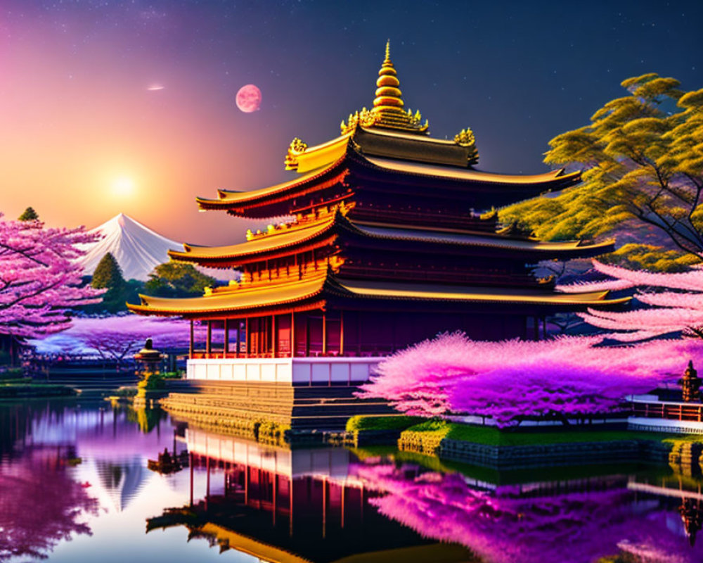 Asian Temple Sunset Scene with Cherry Blossoms, Mountain, and Full Moon