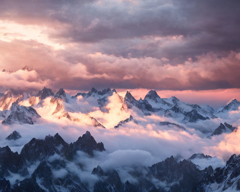 Majestic mountain range at sunset with clouds and colorful sky