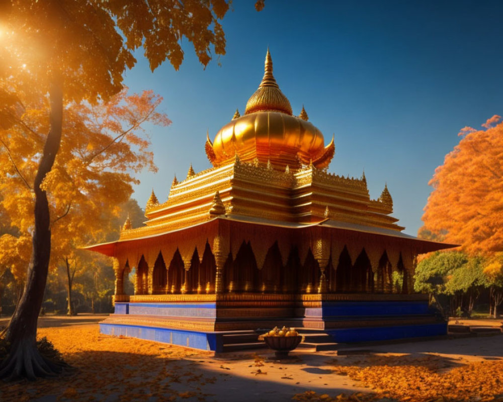 Autumn Trees Surrounding Golden Temple with Tiered Roof