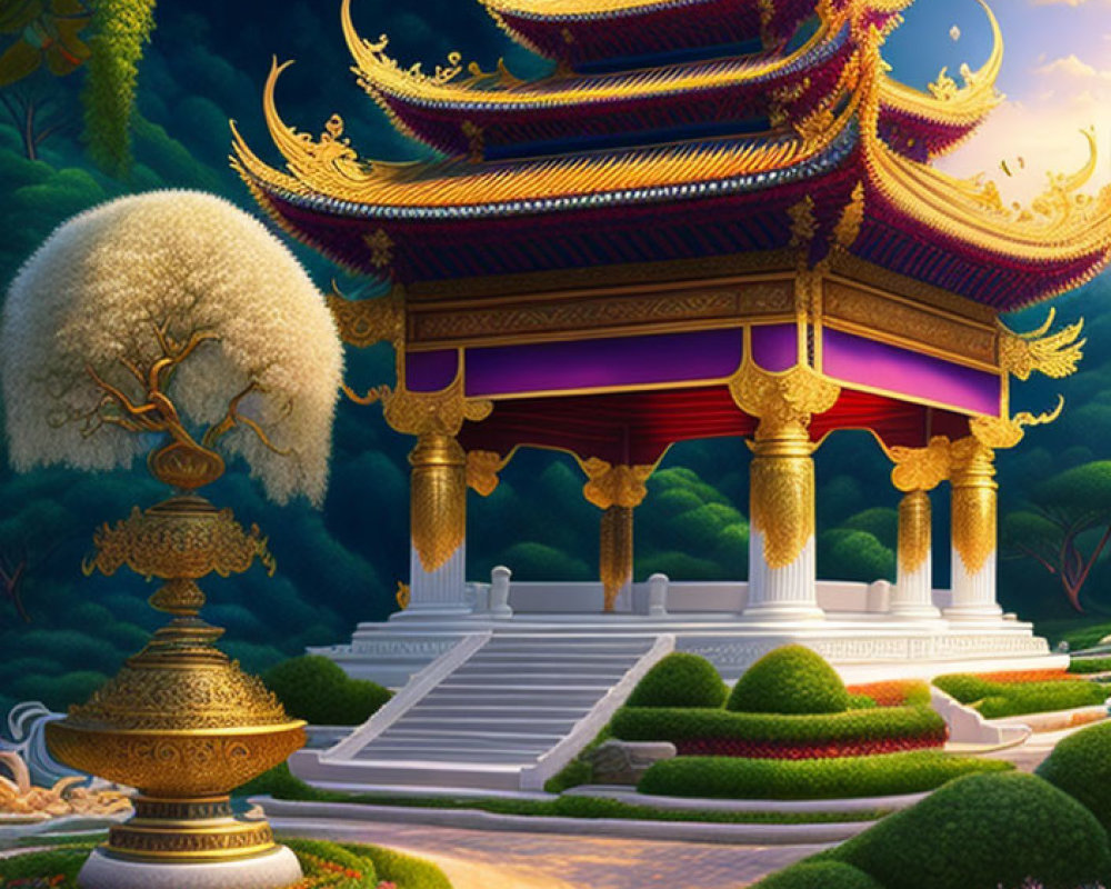 Traditional Golden Roof Pavilion in Lush Garden at Twilight
